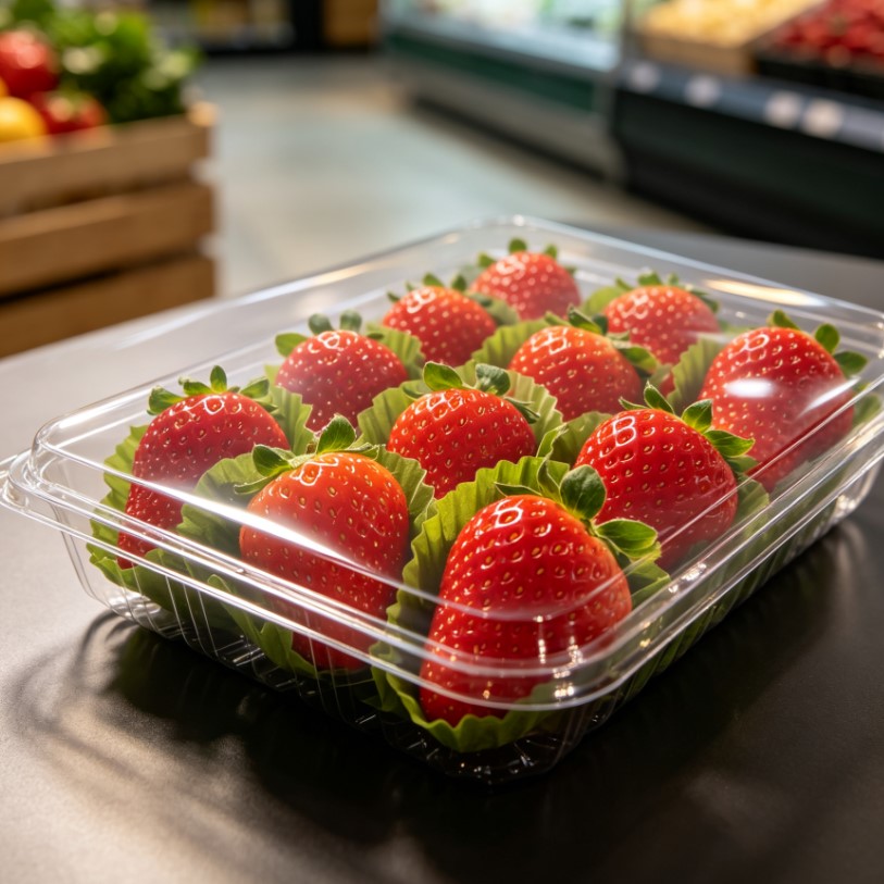 Nano Anti-Fog Plastic Film for Fresh Produce Packaging 2 Crystal Clear Anti-Fog Plastic Wrap Sealed on Fresh Fruit Strawberries Tray