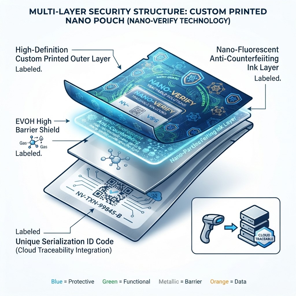 Custom Printed Nano Packaging with Traceability & Anti-Counterfeiting 4 Technical Diagram of Multilayer Anti Counterfeiting Structure and Traceability System in Nano Packaging