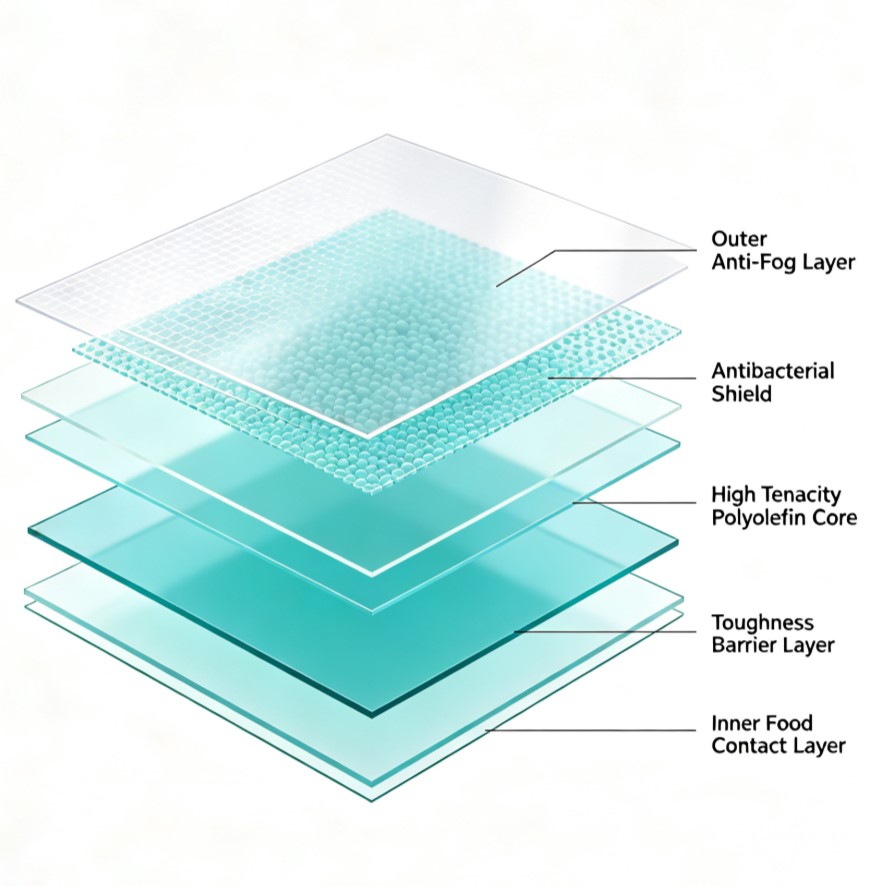 Nano Anti-Fog & Antibacterial POF Shrink Film for Food 4 5 Layer Co-Extrusion Structure Diagram of Antibacterial POF Anti Fog Shrink Film