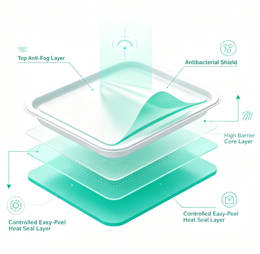 Anti-Fog Antibacterial Easy-Peel Lidding Film for Trays 4 Industrial Master Roll of Easy Peel Anti Fog Lidding Film for Automatic Tray Sealers-4