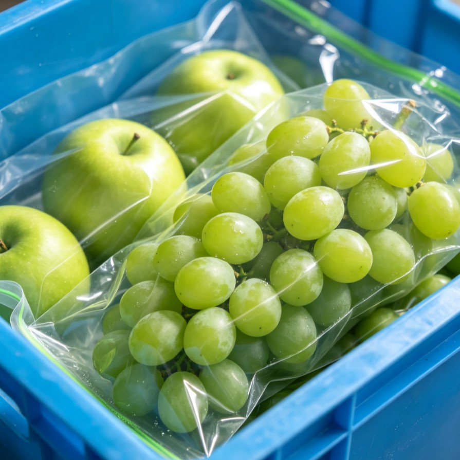 Nano Antibacterial Produce Bags & Crate Liners for Fruits & Vegetables 1 Nano Antibacterial Produce Crate Liner Bag Filled with Fresh Apples and Grapes in Plastic Crate