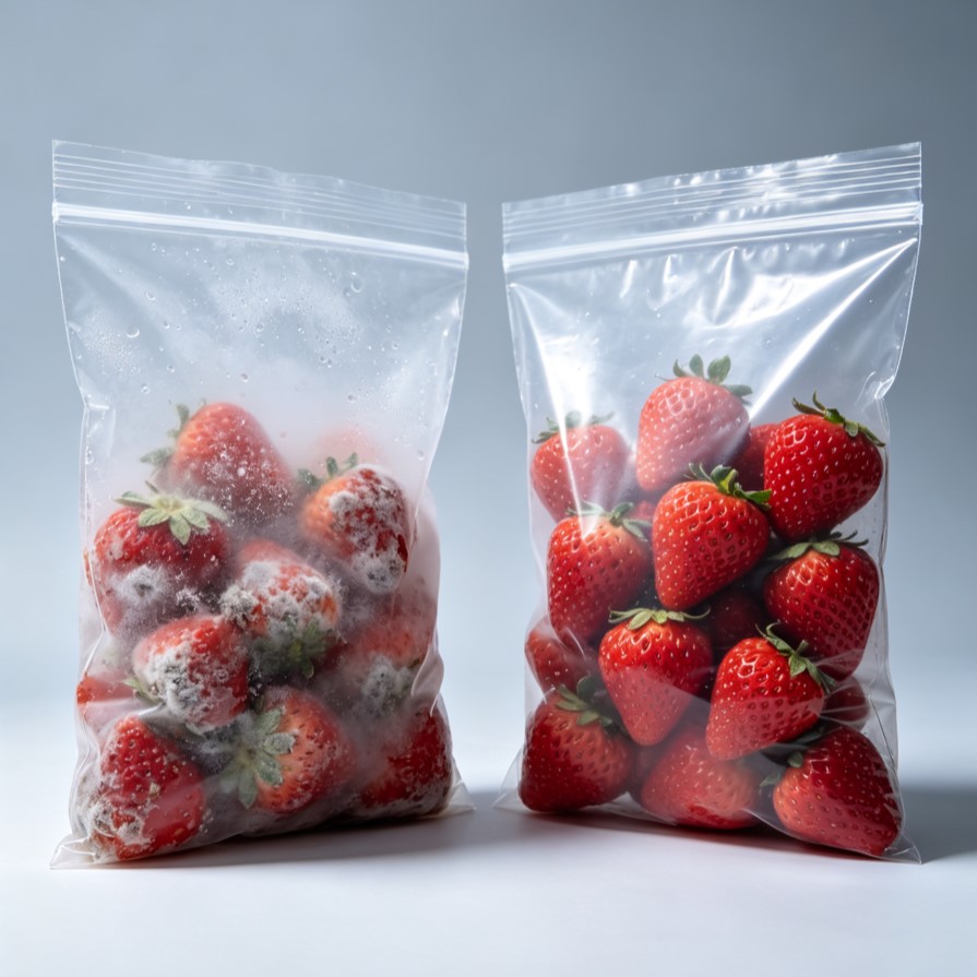 Nano Antibacterial Produce Bags & Crate Liners for Fruits & Vegetables 2 Nano Antibacterial Produce Bag vs Standard Plastic Bag Mold Resistance Test on Strawberries