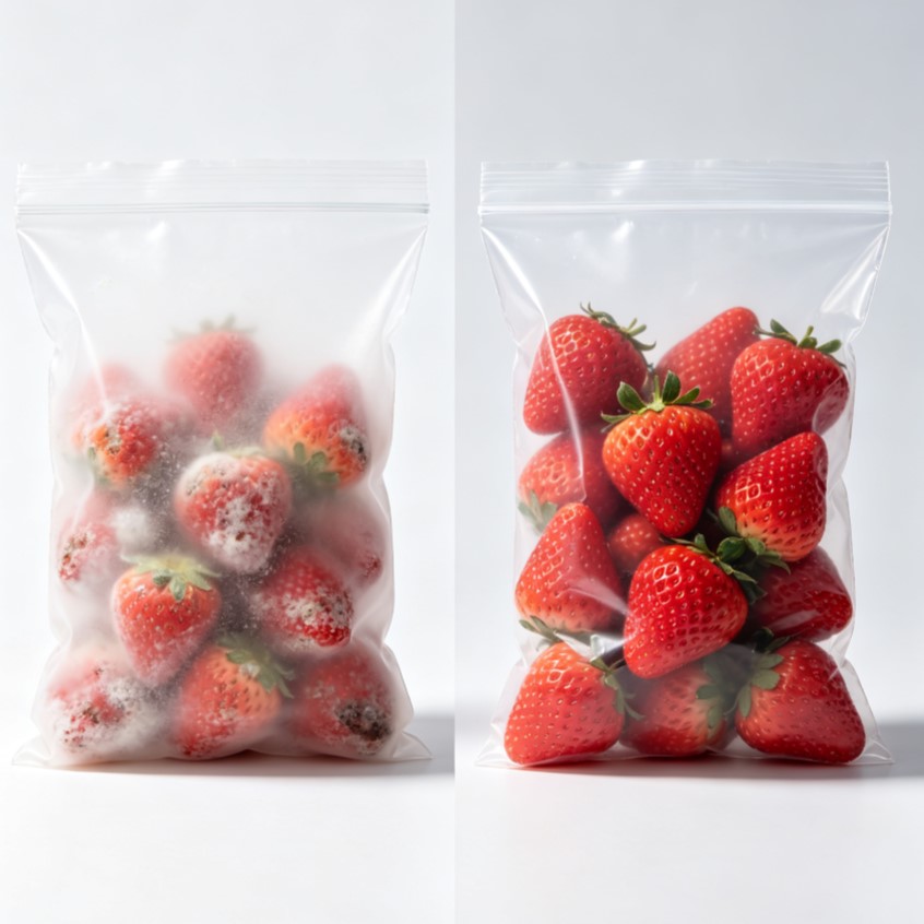 Anti-Fog Anti-Mold Fresh Keeping Bags for Grape & Berry Packaging 2 Anti-Mold Preservation Test Comparison on Strawberries in Standard Bag vs Specialized Fresh Keeping Bag