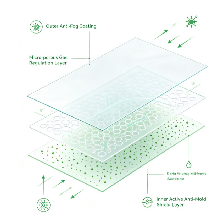 Anti-Fog Anti-Mold Fresh Keeping Bags for Grape & Berry Packaging 4 Technical Multilayer Structure Diagram of Nano Anti-Mold and Anti-Fog Coating for Fruit Bags