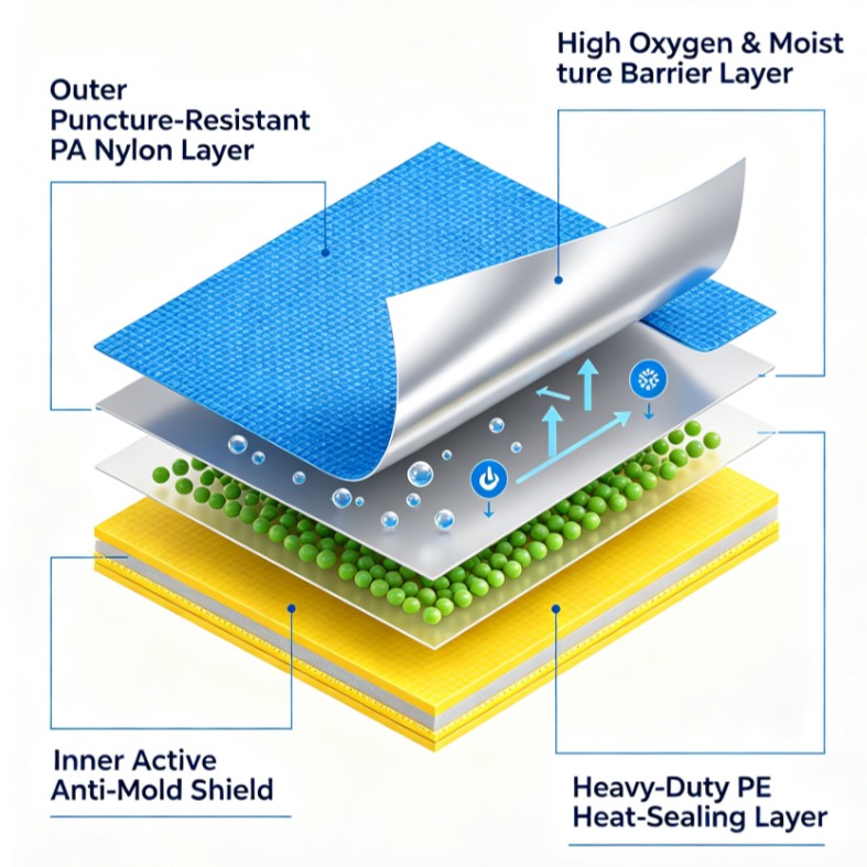 Heavy-Duty Anti-Mold Vacuum Storage Bags for Rice & Grains 4 Technical Multilayer Structure Diagram of PA PE Co-Extruded Heavy Duty Rice Vacuum Bag